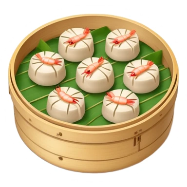 Cantonese dim sum bamboo steamer with shrimp dumplings, simplified emoji style with bold outlines and bright colors, cartoon style Chinese dim sum sticker