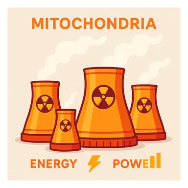 mitochondria represented exclusively as nuclear power plants, with energy and power details, no other objects, bright colors, neutral background sticker