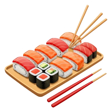 Japanese cuisine humanless avatar in minimalist emoji-style illustration. Sushi and chopsticks, clean lines, red white colors, flat design, calm and modern. sticker