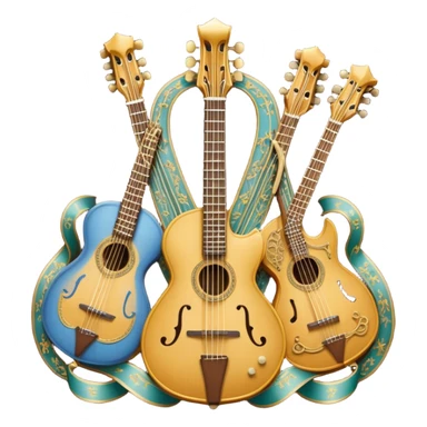Create a complex, ceremonial, and professional emoji resembling a coat of arms, symbolizing plucked string instruments. The design should feature a combination of elements such as the necks and fretboards of various plucked string instruments like guitars, harps, and mandolins. The strings should be clearly visible, and the frets should be detailed. Intertwining with the instruments, there should be a flowing ribbon of musical notes, curving elegantly around the instruments and connecting them. The colors should include golden metallic tones, warm wood finishes, and silver accents to emphasize the professional and festive nature of the design. The background should be regal, using subtle textures or patterns to give a sense of grandeur, while keeping the instruments and notes as the focal point. The design should evoke a sense of celebration and sophistication, reflecting the rich tradition of plucked string instruments. sticker