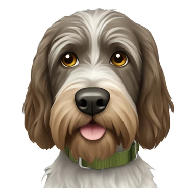 Black, brown and white wire-haired pointing griffon with an olive green collar sticker