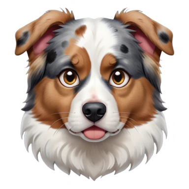 Cinematic Meme-Worthy Grumpy Calico Australian Shepherd Portrait Emoji, Head held high but eyes filled with dramatic disappointment, smooth white fur with spectacular patches of black, tan, and red calico merle, deeply furrowed brow forming an unmistakable scowl, floppy ears slightly angled back in disapproval, piercing blue eyes glaring with pure exasperation, Simplified yet hilariously over-exaggerated features, highly detailed, glowing with an aura of supreme annoyance, high shine, exhausted yet judgmental, stylized with an almost regal pettiness, bright but brooding, soft glowing outline, capturing the essence of a pup that has seen it all and is thoroughly unimpressed, so meme-worthy it feels like it could instantly become the next viral sensation of grumpiness! sticker