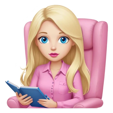 Cinematic realistic blonde with long hair, blue eyes and pink lips, dressed in a pink shirt, sits in a beige armchair with a notebook and pen in her hands sticker