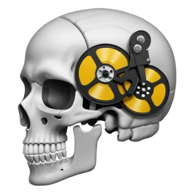 Minimalist emoji-style sticker of a human skull in profile, with a film reel replacing the brain. Grayscale icon with bold silhouette.
 sticker