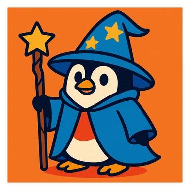 a penguin dressed as a wizard, with a pointed hat and a magic staff, in a fun and whimsical style sticker