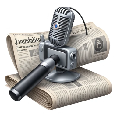 An icon featuring a microphone, a newspaper, and a camera, representing journalism and mass media. The design includes soundwaves and headlines, symbolizing the spread of information and news. Transparent background highlights the power of communication and media. sticker