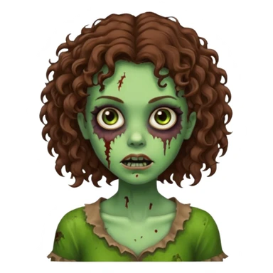 Faça uma garota zombie de cabelo cacheado castanho, olhos castanhos escuro e pele verde d zombie, com o cabelo abaixo do ombro sticker