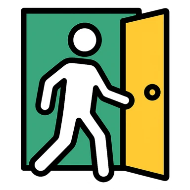 minimalistic icon of a white human figure walking through an open outlined door, viewed from the front, door with visible doorknob, solid green background, flat simple clean lines, high contrast sticker