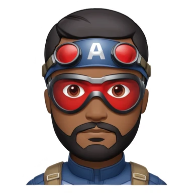 sam wilson with  short, neatly cropped black hair and a well-groomed beard that connects to his mustache,  wear sleek, red-tinted tactical goggles fit snugly from captain america: civil war sticker