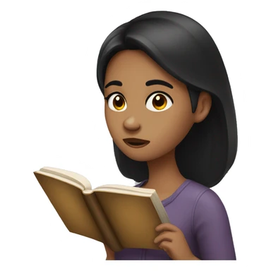 A girl with dark hair stuck her forehead in a book sticker