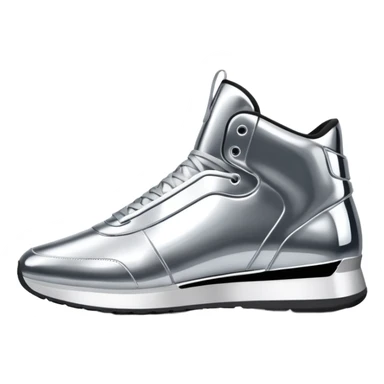 A pair of futuristic sneakers emoji made of silver chrome, sleek streetwear design, smooth metallic panels, subtle reflections, luxury swag aesthetic, iOS emoji style, centered, clean white background sticker
