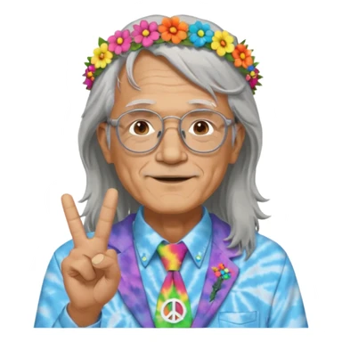 elderly man with long grey hair, glasses, peace sign necklace, tie-dye clothing, flower crown sticker