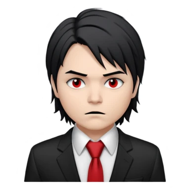 Gerard Way (Revenge Era)
Round, simplified emoji style
Pale skin tone
Jet-black, shoulder-length hair messy and emo
Heavy eyeliner and slight red shadow under the eyes
Subtle serious
Hint of red tie visible on black button up shirt.
Transparent background. Black eyeliner. Messy emo hair sticker