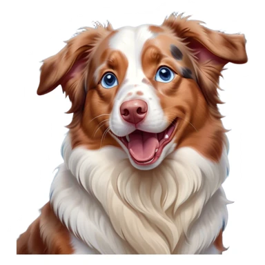 Cinematic Cute Yawning Predominantly White Red Merle Australian Shepherd Portrait Emoji, Head tilted slightly with a dramatic, wide-open yawn, predominantly white fur with hints of red merle, floppy ears slightly drooping, round blue eyes barely open in drowsy contentment, Simplified yet irresistibly adorable features, highly detailed, glowing with a soft, cozy glow, high shine, relaxed yet expressive, stylized with a touch of whimsy, bright and endearing, soft glowing outline, capturing the essence of a sleepy yet affectionate pup, so drowsy it feels like it could stretch right out of the screen and curl up for a nap! sticker