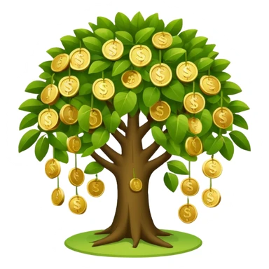 Apple-style money tree (not so mush coins), round soft green canopy.
No pot, no ground — only the tree.
Small gold coins as fruits inside the leaves (not below).
Flat 2D vector, clean shapes, no gradients.
Dark near-black background, premium fintech icon. sticker