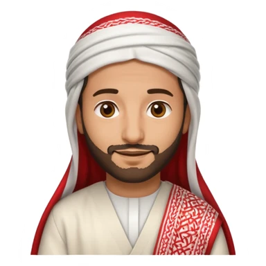 detailed iPhone-style emoji of a Saudi man, soft cartoon face, short beard, brown eyes, calm smile, in white thobe and red-and-white shemagh with black agal, both hands visible sticker