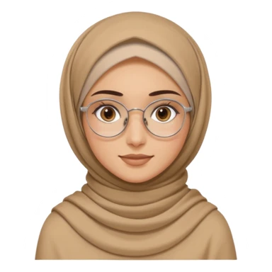 young woman with wheat-toned skin, dark brown eyes, slightly thick natural eyebrows, long eyelashes, wearing a soft beige hijab and thin silver round glasses, gentle warm smile, minimal makeup, modest brown top, subtle gold layered necklace sticker
