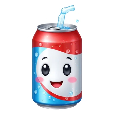 Cute Kawaii Soda Can, bubbly and vibrant, bright red and blue stripes, playful fizz popping around, a chubby happy face with wide sparkling eyes, energetic and refreshing! sticker