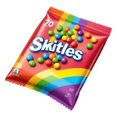 A damaged Skittles package repaired with strips of clear scotch tape, colorful packaging with rainbow colors, minimalist sticker