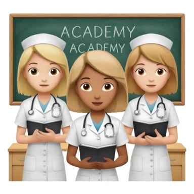 nurses in a classroom, "Academy" written in white on board sticker