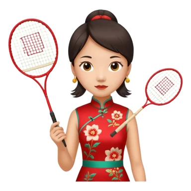 ancient cheongsam girl with 1 badminton racket, red sticker