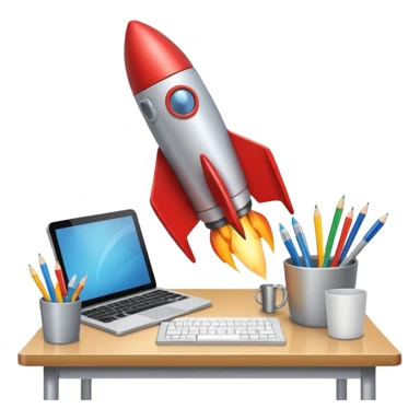 rocket taking off from a desk with office supplies, representing a business launch, clean modern emoji style sticker