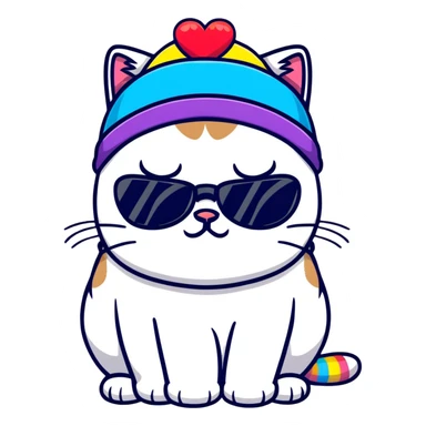 grumpy cat wearing a rainbow beanie and heart-shaped sunglasses sticker