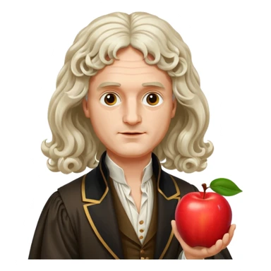 Isaac Newton wearing aristocratic attire with long curled periwig, hold an apple sticker