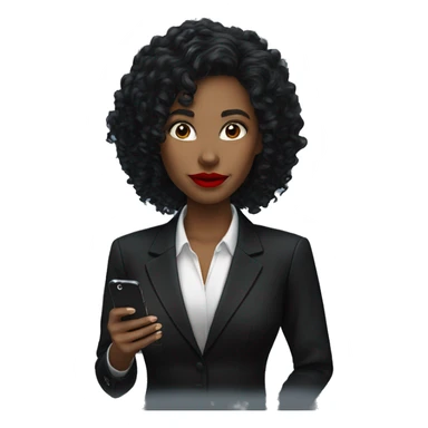 corporate white woman, red lipstick, long black curly hair, with a phone, black shirt, black blazer  sticker