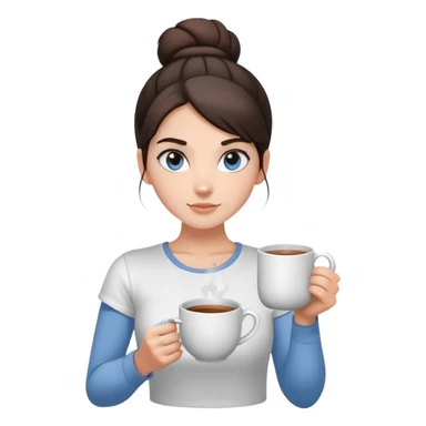 With her dark brown hair pulled back in a bun, and captivating grey-blue eyes, the girl holds a mug of tea, the steam rising like a gentle promise of warmth, clad in a simple white t-shirt.  sticker