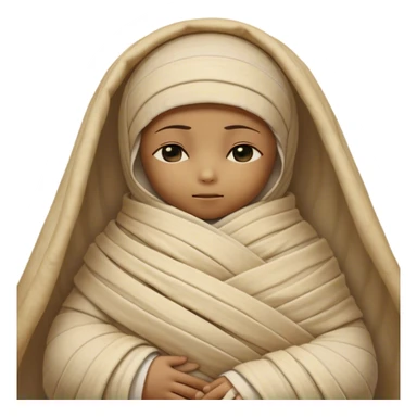 A snug, cozily wrapped mummy, fully encased in soft, slightly loose bandages, even its face gently hidden behind folds with only a tiny glimpse of sleepy eyes, nestled in warm, faded tones with gentle golden accents, simplified yet irresistibly charming, highly detailed with a soft glowing outline capturing the peaceful aura of an ancient being drifting into rest! sticker