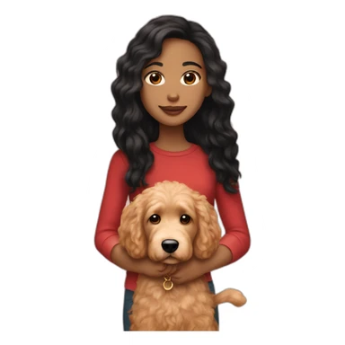 Girl with long black hair and light skin holding red goldendoodle sticker