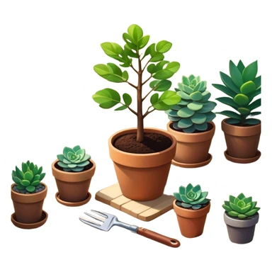 Close-up of a potted sapling in rich soil surrounded by vibrant plants and succulents. Bright sunlight filters through the window, casting soft shadows. Nearby gardening tools rest on a wooden table. Cozy indoor atmosphere with greenery and flowers. sticker