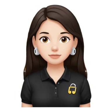 Girl with long dark brown hair with airpods wearing a black wegmans grocery store polo sticker