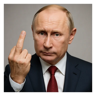 Make the image even more photorealistic, enhancing the realism of Vladimir Putin's face and hand. Ensure the middle finger gesture is clearly and explicitly a 'fuck you' sign. Include detailed lighting and skin texture. No text. sticker