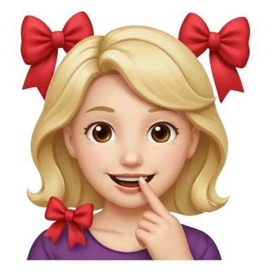 Emoji qui sourire avec le doigt dans la bouche et un noeud dans les cheveux sticker