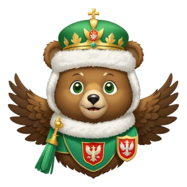 Sweet brown bear face with green eyes, white fluffy ushanka hat with Russian coat of arms showing golden eagle with spread wings, crowns, scepter, orb, and St. George shield, iOS emoji style sticker