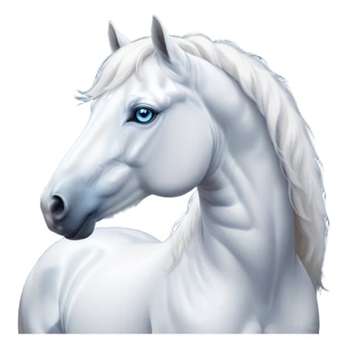 Cinematic Noble White Horse Portrait Emoji, Poised and regal, with a strong, athletic build and a pristine, well-groomed pure white fur, deep-set soulful blue eyes, Simplified yet sharp and sophisticated features, highly detailed, glowing with a soft, dignified glow, high shine, intelligent and majestic, stylized with an air of ethereal grace, focused and attentive, soft glowing outline, capturing the essence of a watchful and confident steed, so majestic it feels as though it could gallop out of the screen with effortless authority! sticker