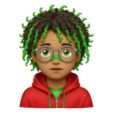 pale light brownskin boy with green slime coming out his eyes, and black glasses, nosering, wit messy, and curly freeforms, wearing a red hoodie with a Glo Gang sun on the hoodie. sticker