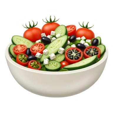 mediterranean salad bowl object icon, tomatoes, cucumbers, olives, feta cheese, olive oil dressing, 3D cartoon, mobile game icon style, clean background, no text, no watermark
 sticker