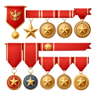 Icon for Collecting Orders, Medals & Badges: a variety of vintage orders, medals and badges, displayed neatly on a big red pennant. The icon should reflect the honor and historical significance of these collectible items. Transparent background. sticker