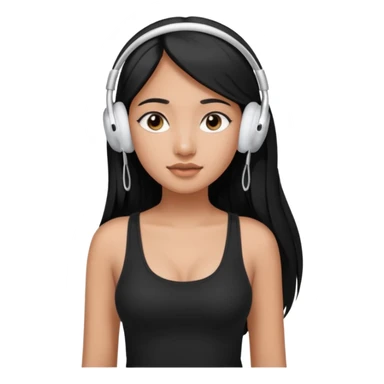 a fair indian girl with straight black long hair, wearing a black cami top. and wearing silver airpods max headphones on sticker