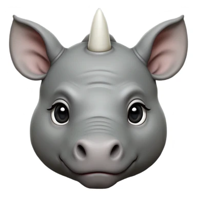 cinematic-noble-cute-young rhinoceros-portrait-emoji,slate-grey-hide-poised-and-regal,-with-a-massive,-powerful-build-and-a-thick,--deep-set-soulful-piercing-eyes,-simplified-yet-sharp-and-sophisticated-features,-highly-detailed,-large-black-eyes, white horn, front facing, zoomed out showing shoulders sticker