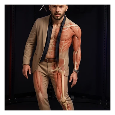 Realistic man standing in a gym, pose as in the reference, pelvis tilted, knee in valgus, and pronated foot. Visible skin and muscles, some translucent areas partially showing bones and joints involved (pelvis, knee, foot). Natural expression, clothing similar to the reference, hyperrealistic 4K details, gym environment. Variant 1. sticker