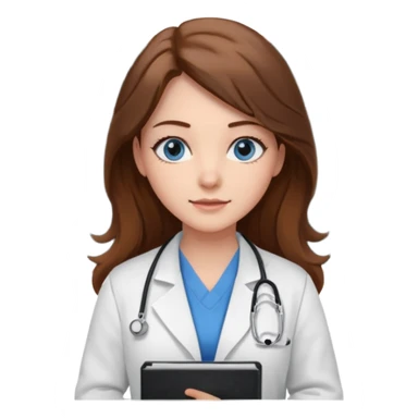 pretty female nursing student with long brown hair, blue eyes inside a classroom at university with blackboard behind her sticker