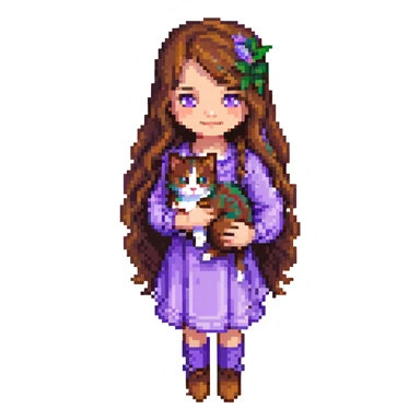 Add a park background to the scene with a girl with long, wavy brown hair, brown eyes, purple clothes, holding a three-color cat in pixel art style. sticker