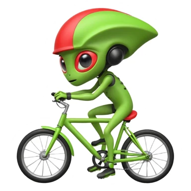 alien riding a bicycle, cute extraterrestrial character, casual cycling pose, big curious eyes, futuristic yet playful vibe, 3D cartoon, mobile game icon style, clean background, no text, no watermark
 sticker