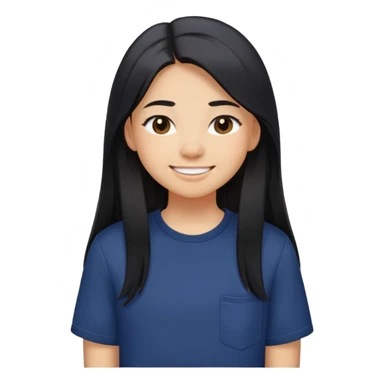 a young teenage girl with light tan skin, she is smiling with mouth closed/not showing teeth, all her hair is behind her shoulders, she has a  long black really-straight hair, dark brown eyes, navy colored oversized short-sleeved shirt. sticker