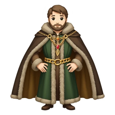 Full body of wealthy medieval merchant in fine clothes, fur-trimmed cloak, and gold chain sticker