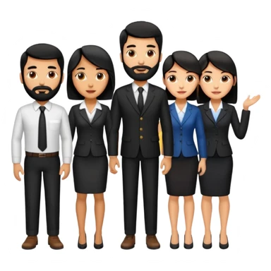 4 people, one man with beard, one man and two women,yellow skin office style,black hair,  sticker